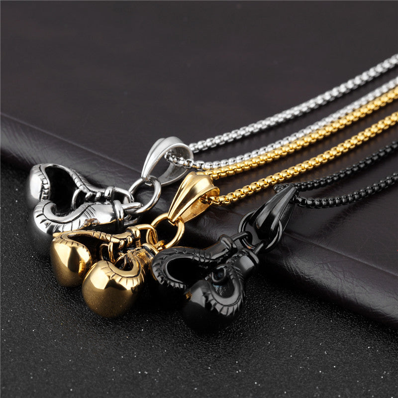 Men Necklace & Pendant Boxing Glove Black/Silver/Gold Color Stainless Steel Chain Pair Charm