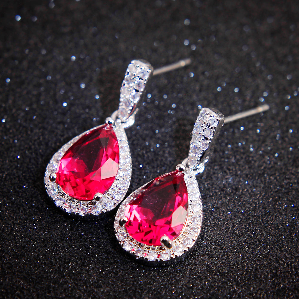 Silver Color Red Cubic Zirconia Classic Design Drop style Earrings for Women